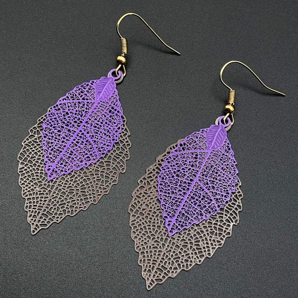 Gray and Purple Double Filigree Boho Leaf Dangling Yellow Gold Hook Earrings